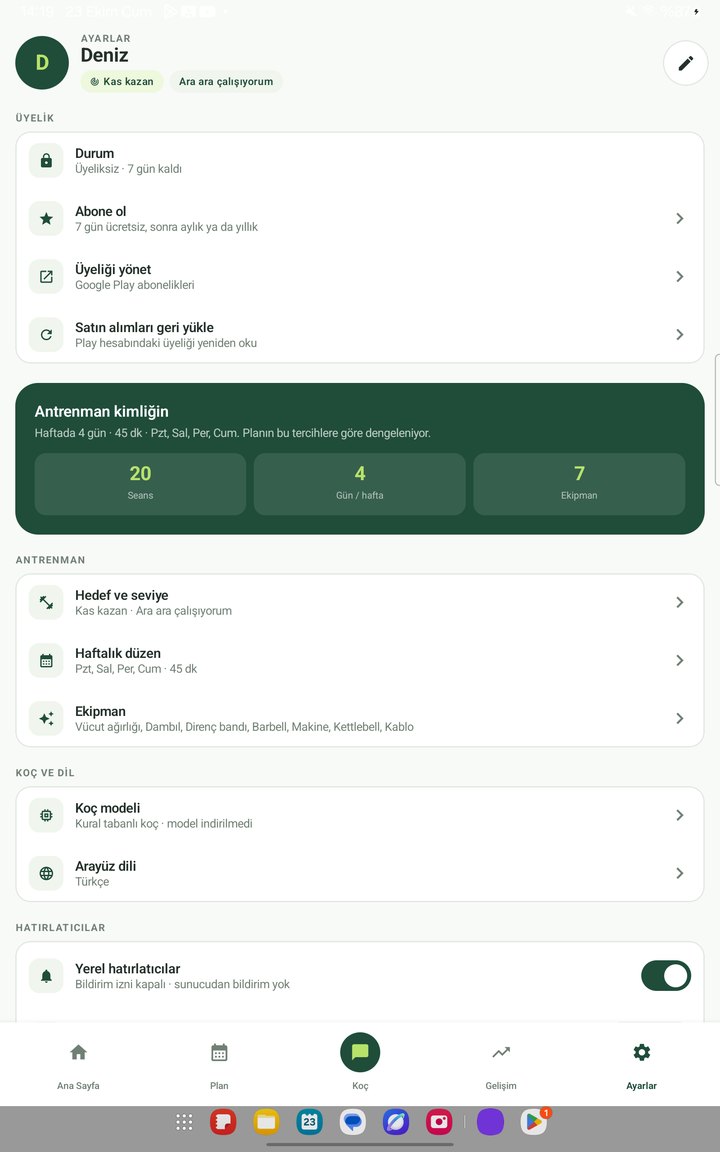 Settings screen with coach model, language, reminders and preferences